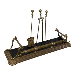 Brass Fireplace Fender + Three-Piece Tool Set, Vintage For Sale