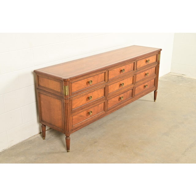 Baker Furniture Company Baker Furniture French Regency Louis XVI Burled Walnut Triple Dresser or Credenza, Circa 1960s For Sale - Image 4 of 15
