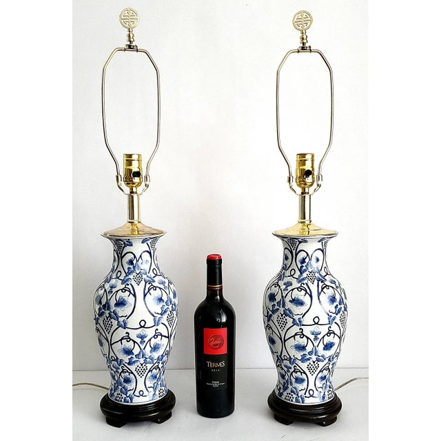 Asian Style Lamp Pair Blue & White Pair Ginger Jar Style For Sale - Image 4 of 11