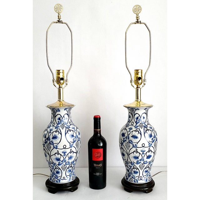 Chinese Lamps Blue & White Pair For Sale - Image 3 of 10