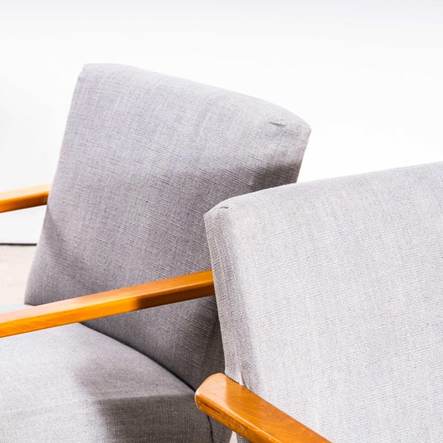 Mid-Century Grey Brushed Cotton Upholstered Armchair with Straight Arms and Top Caps, 1950s For Sale - Image 9 of 10