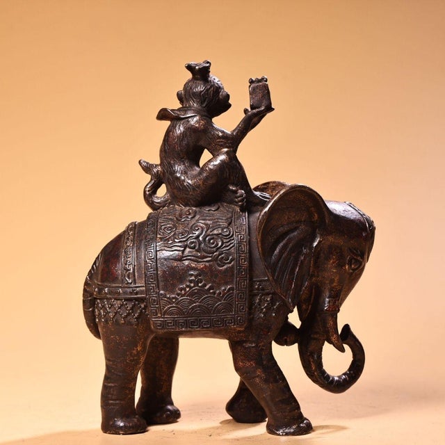 Bronze Antique Chinese Solid Copper "Feng Hou Bai Xiang" Monkey on Elephant Figurine - Auspicious Scholar Official Symbol, Heavy Bronze Sculpture For Sale - Image 8 of 9