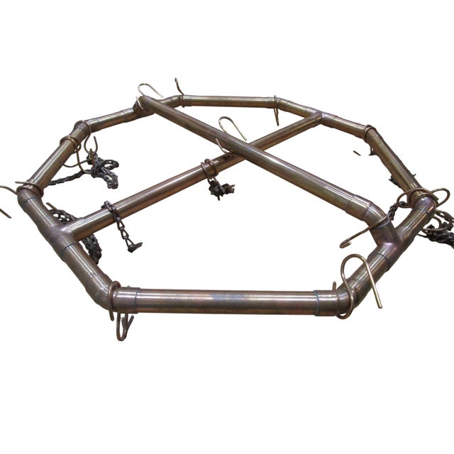 Vintage 1970s Handcrafted Copper Pipe Octagon Pot Rack With Chains & Hooks For Sale - Image 11 of 12