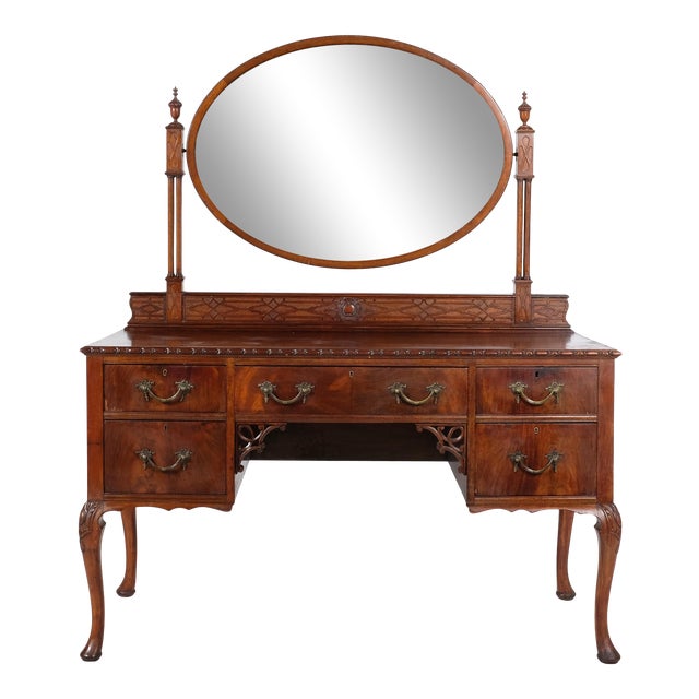 Queen Anne Mahogany Inlay Vanity With Mirror and Secret Compartments