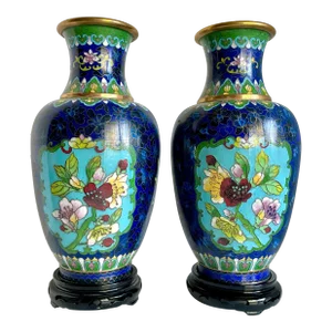 Pair of Vintage Asian Cloisonné Blue Floral Vases on Stands