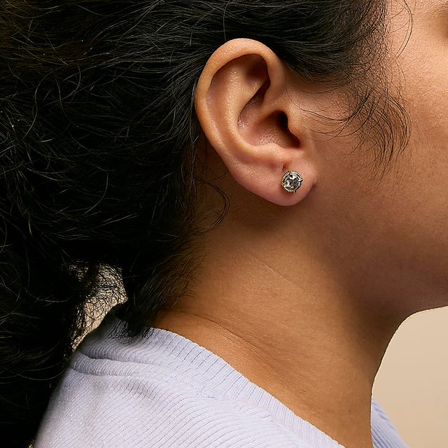 Early 21st Century 14K Yellow Gold Plated .925 Sterling Silver 1.0 Cttw Round Brilliant Cut Diamond Solitaire Milgrain Stud Earrings (K-L Color, I2-I3 Clarity) For Sale - Image 5 of 6