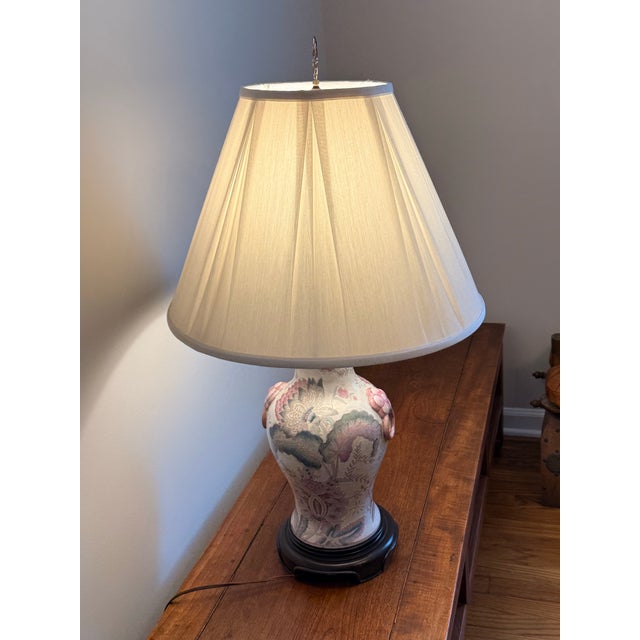 Vintage 32” Chinoiserie Floral Porcelain Table Lamp With Raised Flower Knockers and Shade For Sale In Miami - Image 6 of 12