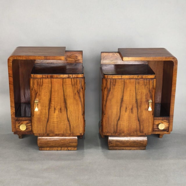 Metal Art Deco Walnut Bedside Tables with Black Glass Tops, 1940s, Set of 2 For Sale - Image 7 of 7