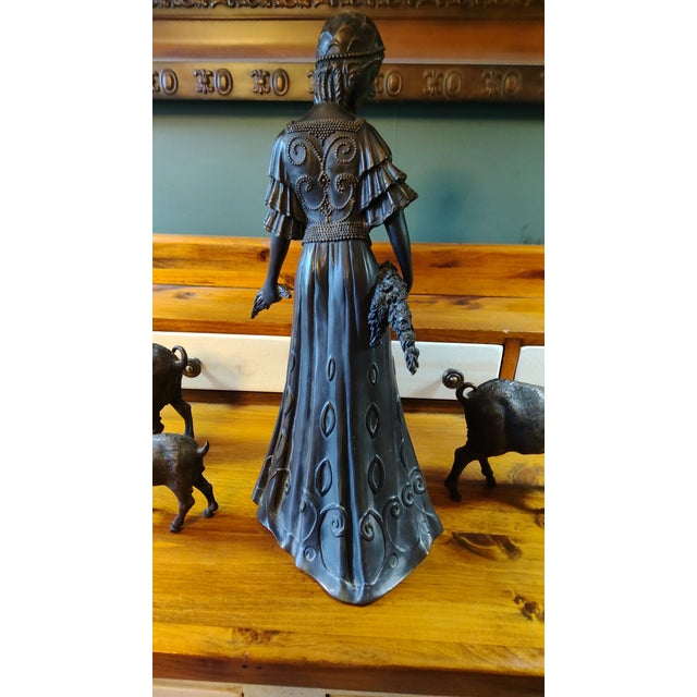 Antique Cast Bronze Woman Feeding Goats 4 Piece Art Deco Sculpture - Stunning For Sale - Image 4 of 9