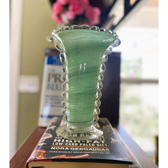 Vintage Murano Green Swirl Hand-Blown Glass Vase With Clear Rigaree Beading, Italy, C. 1980s For Sale - Image 9 of 14