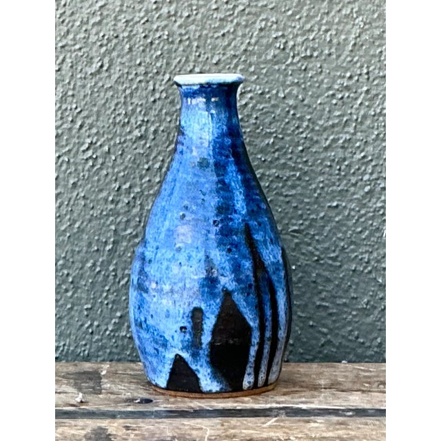 Ceramic Vintage Blue Glazed Ceramic Vase For Sale - Image 7 of 12