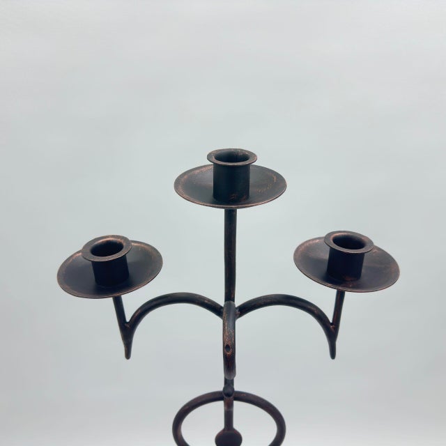 Rustic Hand Forged Wrought Iron Floor Candelabra 44.5″ (113cm) Antique Copper Patina 3-Arm Scroll Design Candle Holder Rustic Fireplace Decor For Sale - Image 3 of 6