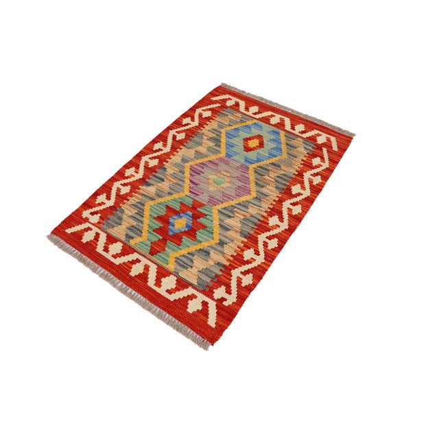 Abstract Retro Turkish Kilim Red Beige Hand-Woven Wool Rug For Sale - Image 3 of 9