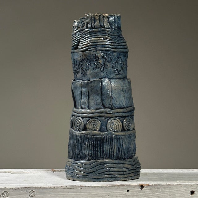 Vintage Abstract Surrealist Hand Built Silver Blue Glazed Double Spouted Vase For Sale - Image 4 of 6