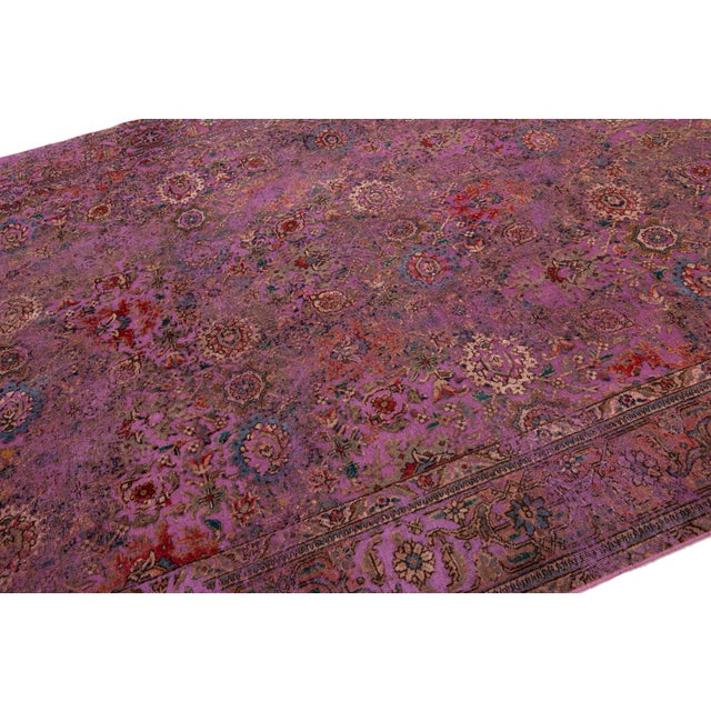 Textile Antique Persian Overdyed Wool Rug With Floral Pattern in Purple For Sale - Image 7 of 10