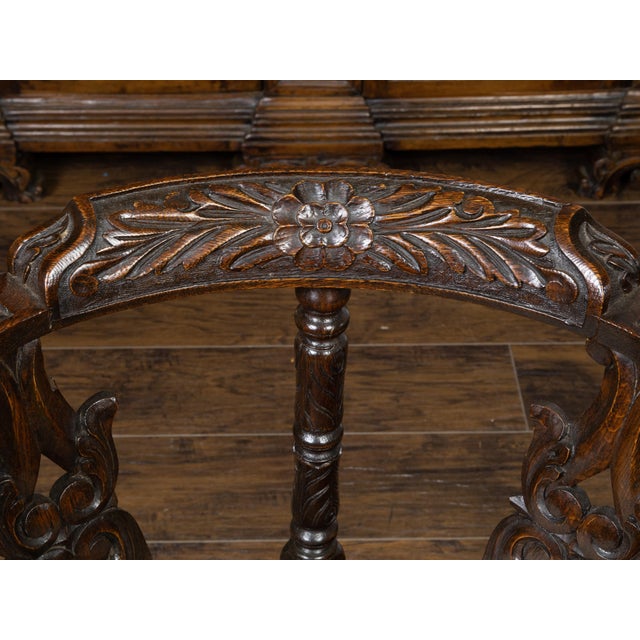 Brown English 19th Century Oak Corner Chair with Carved Foliage and New Upholstery For Sale - Image 8 of 10