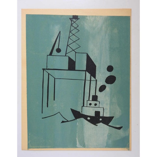 Vintage serigraph on paper of an industrial offshore oil rig and ship scene. Image in black on turquoise painted paper....