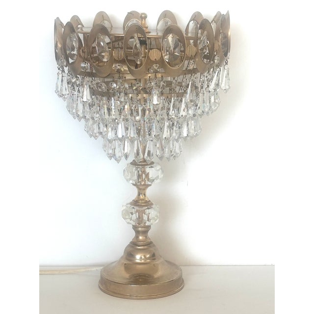 Mid-Century Modern Brass, Metal and Lead Crystal Table Lamp, 1970s For Sale - Image 3 of 17