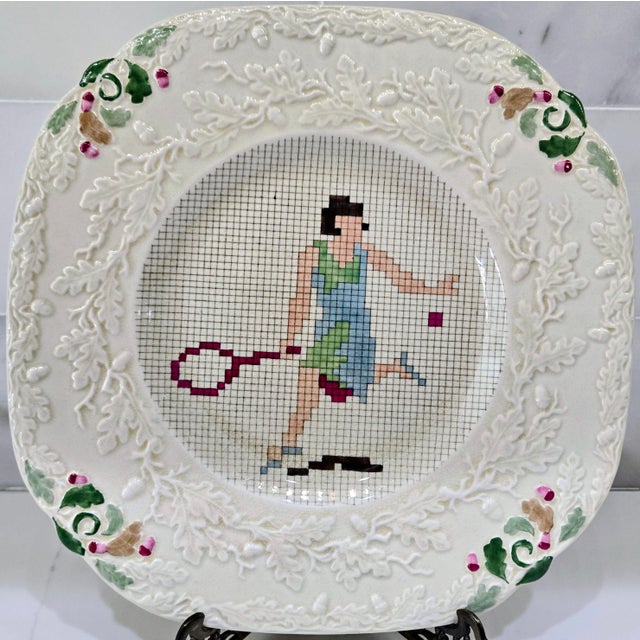 1930s English Mason’s Ironstone Sampler Needlepoint Sporting Plates With Embossed Floral Borders, Set of 6, Circa 1930 For Sale - Image 5 of 18