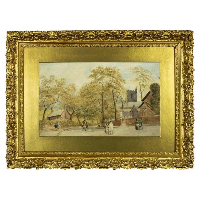 Blue English Street Scene with Church, 19th Century, Watercolour For Sale - Image 8 of 8