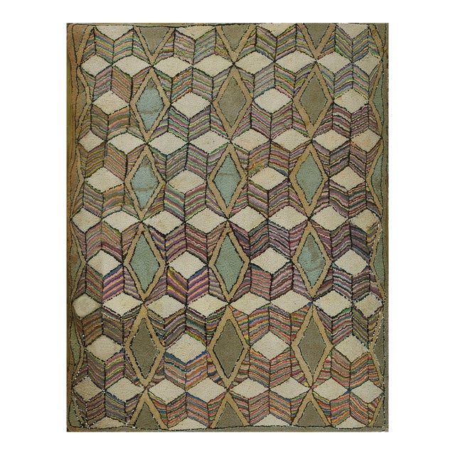 1890s Multicolor Cube Folk Art Antique American Hooked Rug 2'9" X 3'5" Hand Knotted Wool Carpet For Sale