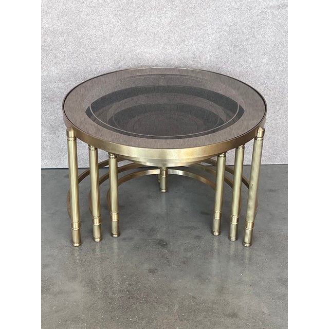 Set of Three Round Brass Nesting Tables With Smoked Pink Glass Tops For Sale - Image 4 of 12