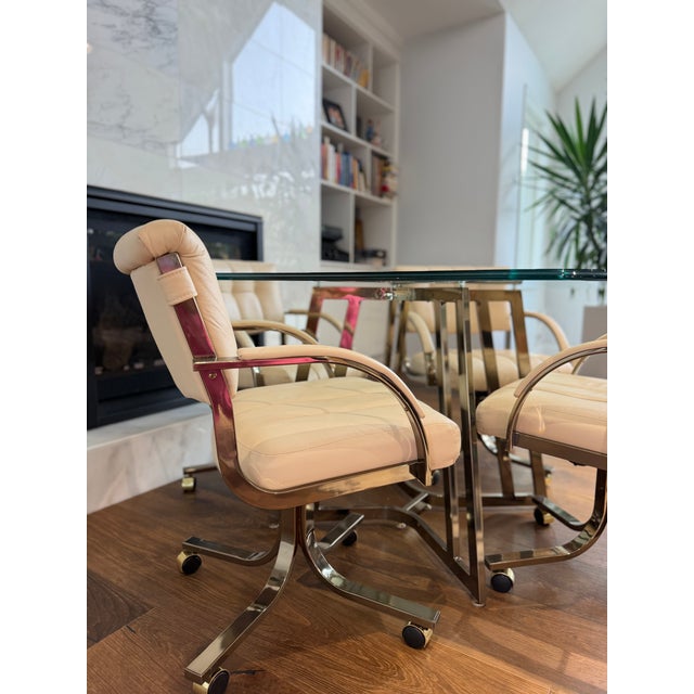 Metal Vintage Cal-Style Bronzed Chrome & Glass Dining Set With Rolling Armchairs — Set of 5 For Sale - Image 7 of 14