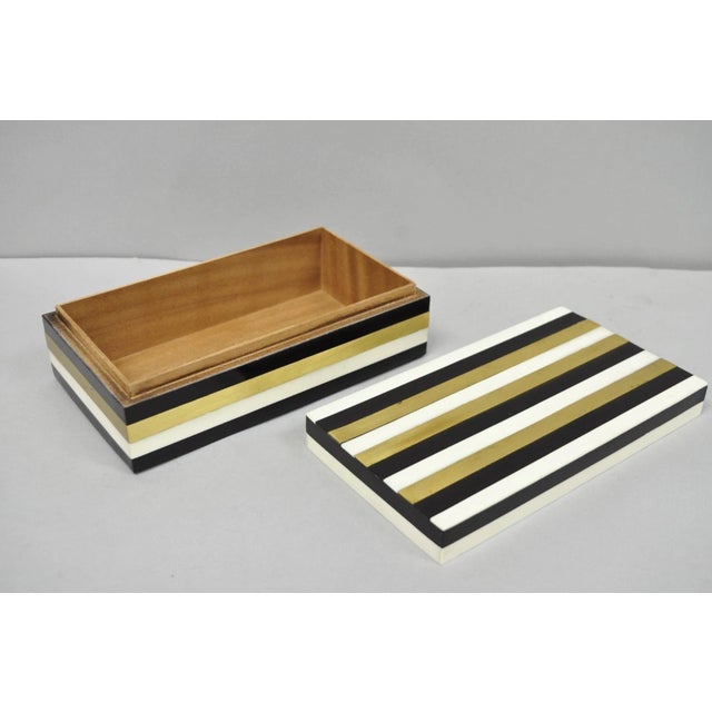 Modern Modern Black White & Gold Bone & Brass Inlay Jewelry Trinket Box by Current Home For Sale - Image 3 of 17