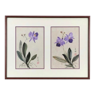 Chinese Watercolor and Ink Floral Paintings by L. Chang a Pair For Sale