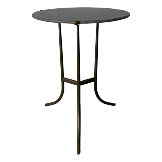 1970s Cedric Hartman Mid-Century Bronze Tripod Side Table With Concrete / Ceramic Top For Sale