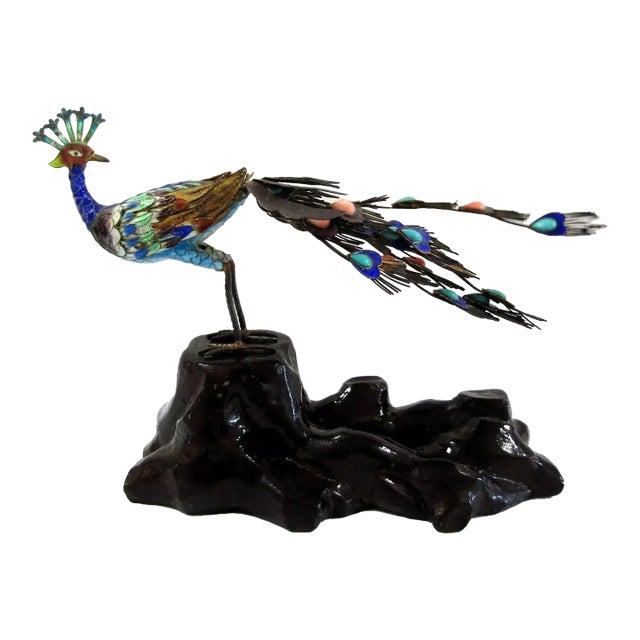 Antique Chinese Silver Gilt Cloisonne Jeweled Peacock Bird Sculpture, 19th Century For Sale