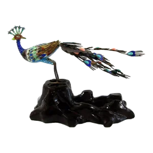 Antique Chinese Silver Gilt Cloisonne Jeweled Peacock Bird Sculpture, 19th Century