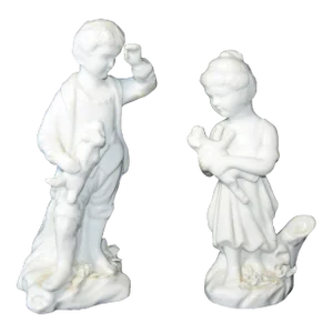 Vintage Maitland-Smith Blanc De Chine White Porcelain Children Figurines With Puppies- a Pair