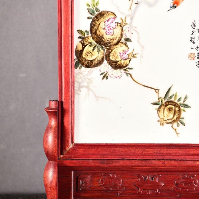 Antique Chinese Rosewood Table Screen With Famille Rose Porcelain Plaque For Sale In Los Angeles - Image 6 of 10