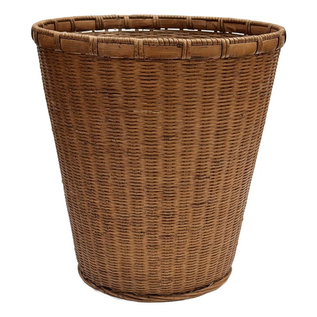 Vintage Woven Wicker Wastebasket For Sale