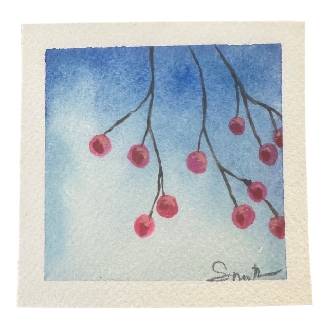 “Winter Berries Ii” Signed Original Watercolor Miniature Painting by Nancy Smith For Sale