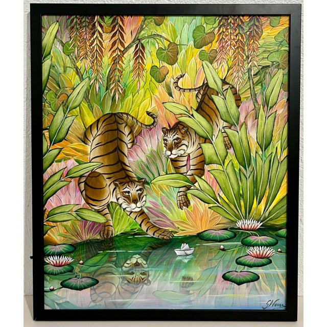 Original Painting tigers in jungle by river with reflection, tropical jungle setting. Titled "Paper Boat". Hand signed...