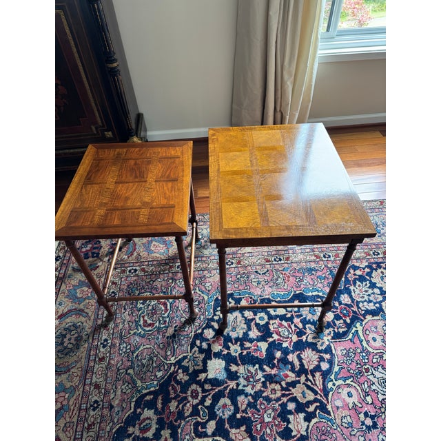 Baker Furniture English Regency Walnut and Burl Wood Parquet Top Nesting Tables, Pair For Sale - Image 9 of 12