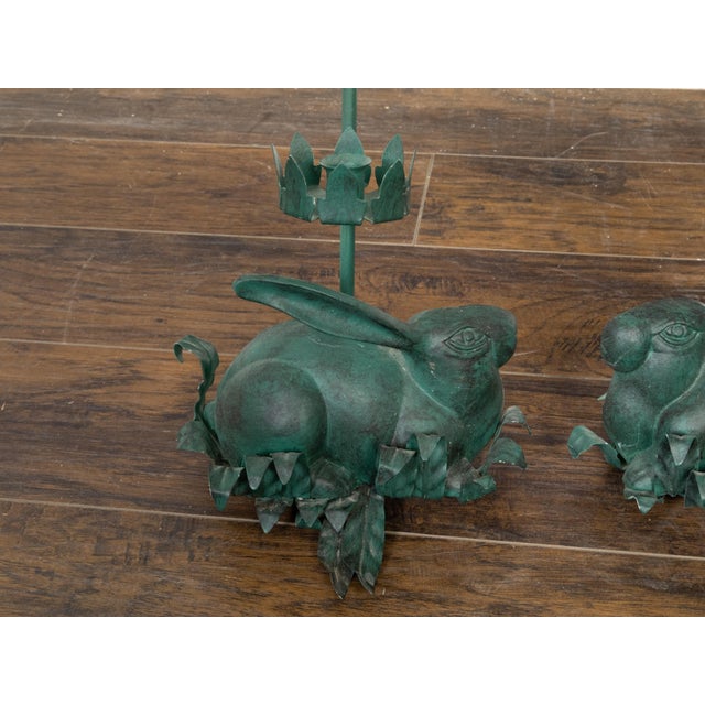 Green Pair of Vintage American Midcentury Iron Rabbit Candle Holders with Green Patina For Sale - Image 8 of 11