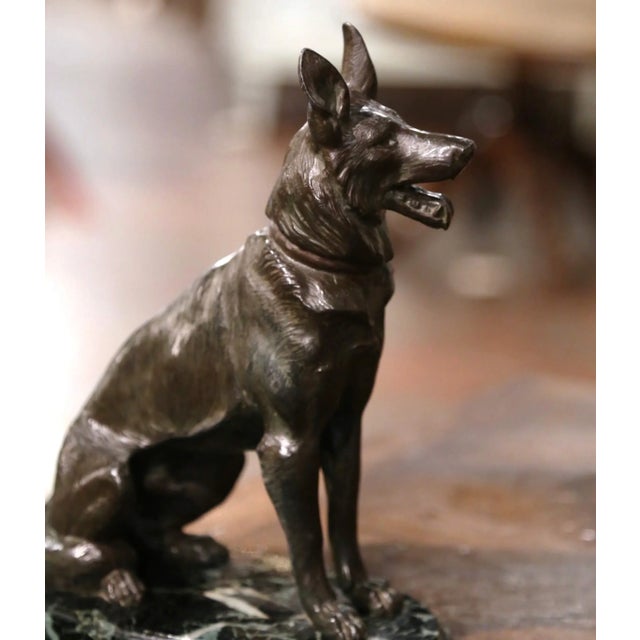 Decorate a man's office or library with this vintage spelter dog sculpture. Created in France circa 1950, and set on a...