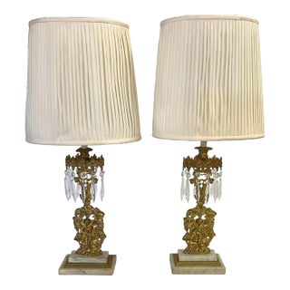 Early 20th Century French Girandoles Lamps With Crystals and Putti Motif- a Pair For Sale