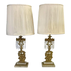 Early 20th Century French Girandoles Lamps With Crystals and Putti Motif- a Pair
