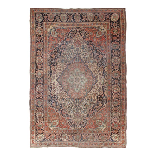 Antique Persian Mohtasham Kashan Carpet, Traditional, Ivory, Blue, Green, Reds For Sale