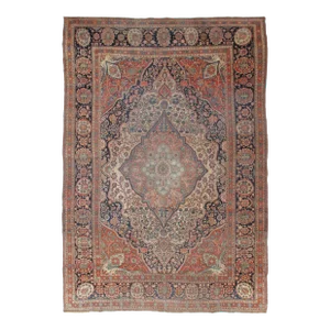 Antique Persian Mohtasham Kashan Carpet, Traditional, Ivory, Blue, Green, Reds