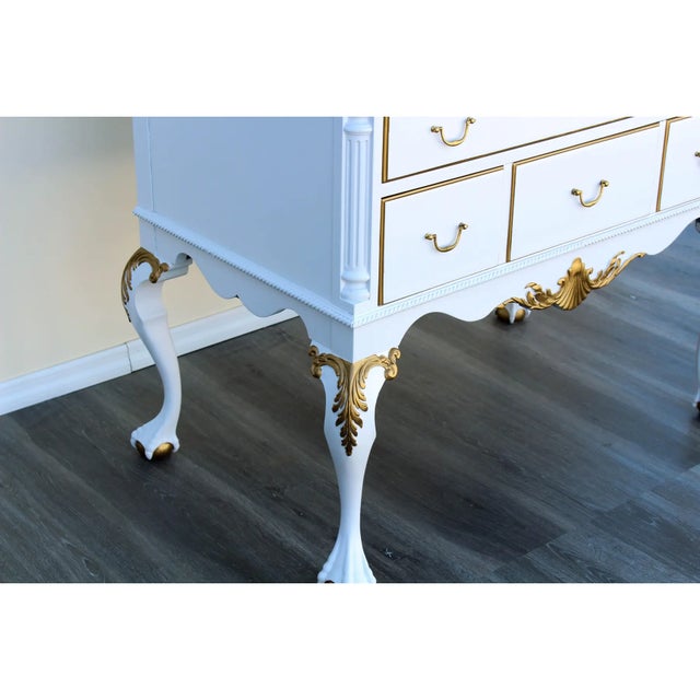 White 1960's White and Gold Chippendale Style Highboy of Six Drawers For Sale - Image 8 of 9