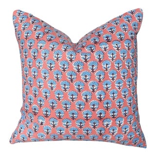Lee Radziwill Inspired Block Print Down Flower Motif Pillow in Pink - India For Sale