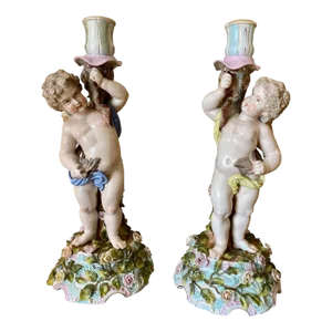 Venus & Cupid Porcelain Candlesticks from Sitzendorf, 19th Century, Set of 2