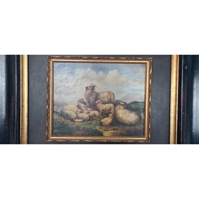 Sheep, attributed to Palizzi. Bucolic scene depicting flock of sheep and rams resting on grass Oil on panel attributable...