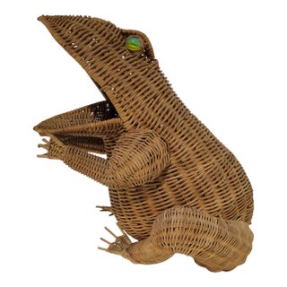 Bohemian Wicker Frog Storage Basket With Glass Marble Eyes Olivier Cajon Attrib. For Sale