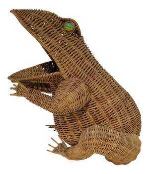 Bohemian Wicker Frog Storage Basket With Glass Marble Eyes Olivier Cajon Attrib.